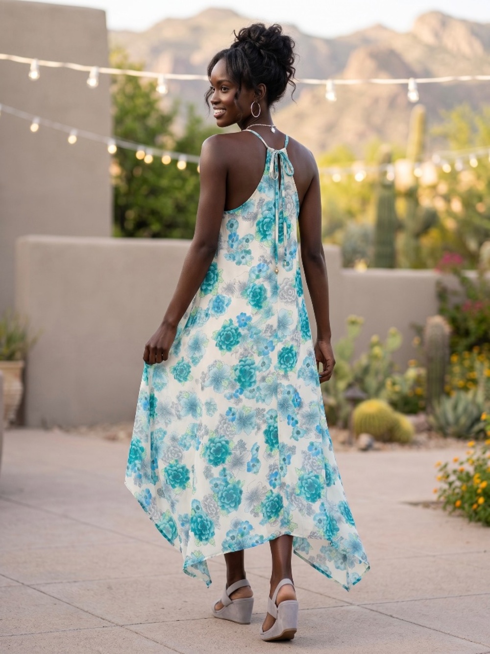 Lovestitch White Blue Floral Asymmetrical Midi Dress | Flowy Handkerchief Hem - Picture 4 of 6